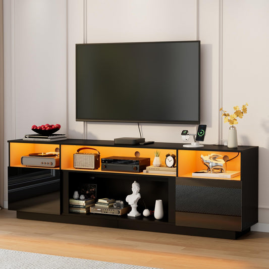 80" TV Stand for TVs up to 85", Multifunctional Entertainment Center with Large Storage & RGB LED Lights, TV Cabinet with Power Outlet, Modern TV Console for Living Room, Bedroom, and Rec Room, Black