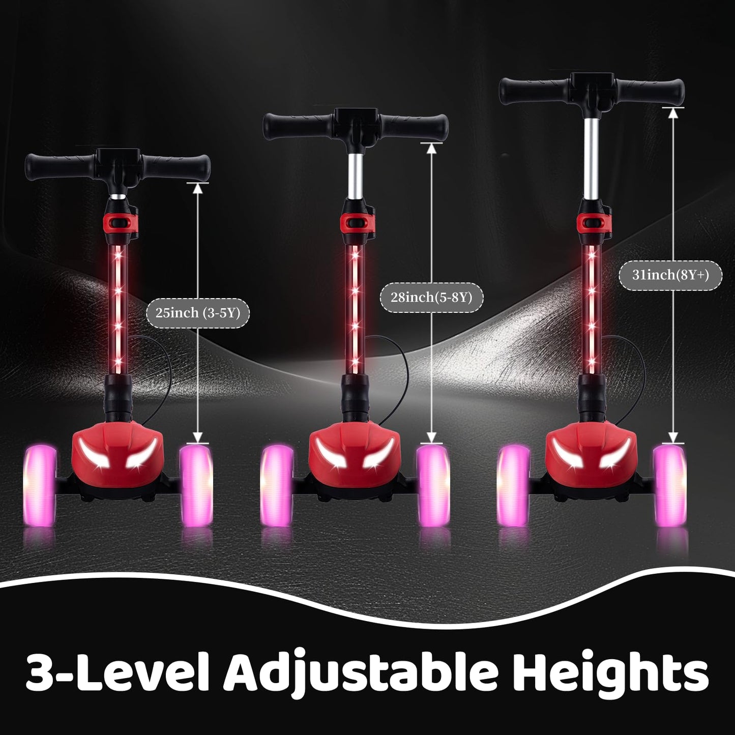 Kids Electric Scooter w/LCD Screen, Bluetooth Music, Light-Up Stem Deck & Wheels, Thumb Throttle, 3 Adjustable Heights, 150W Powerful Motor, Foldable 3 Wheel Electric Scooter for Kids Boys Girls, Red