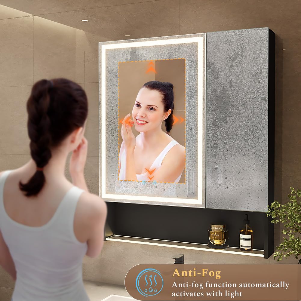 MIRROLIA 30"×34" LED Lighted Medicine Cabinet with Backlight, Adjustable Brightness 3 Color Temperature Lighting Anti-Fog Mirror 2 Socket & 2 USB Ports & Adjustable Shelf Wall Mounted