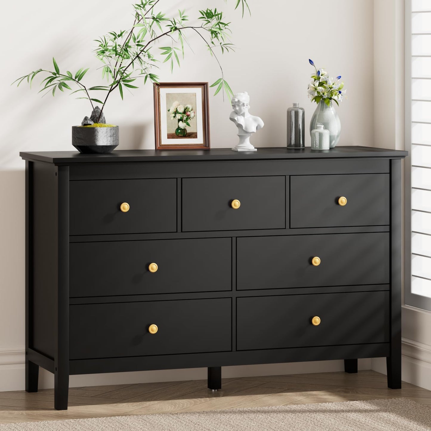 CARPETNAL 7 Drawers Dresser for Bedroom, Black Dressers & Chests of Drawers with Gold Handles and 7 Large Drawer, Modern Wooden Storage Organizer Cabinet for Hallyway, Entryway
