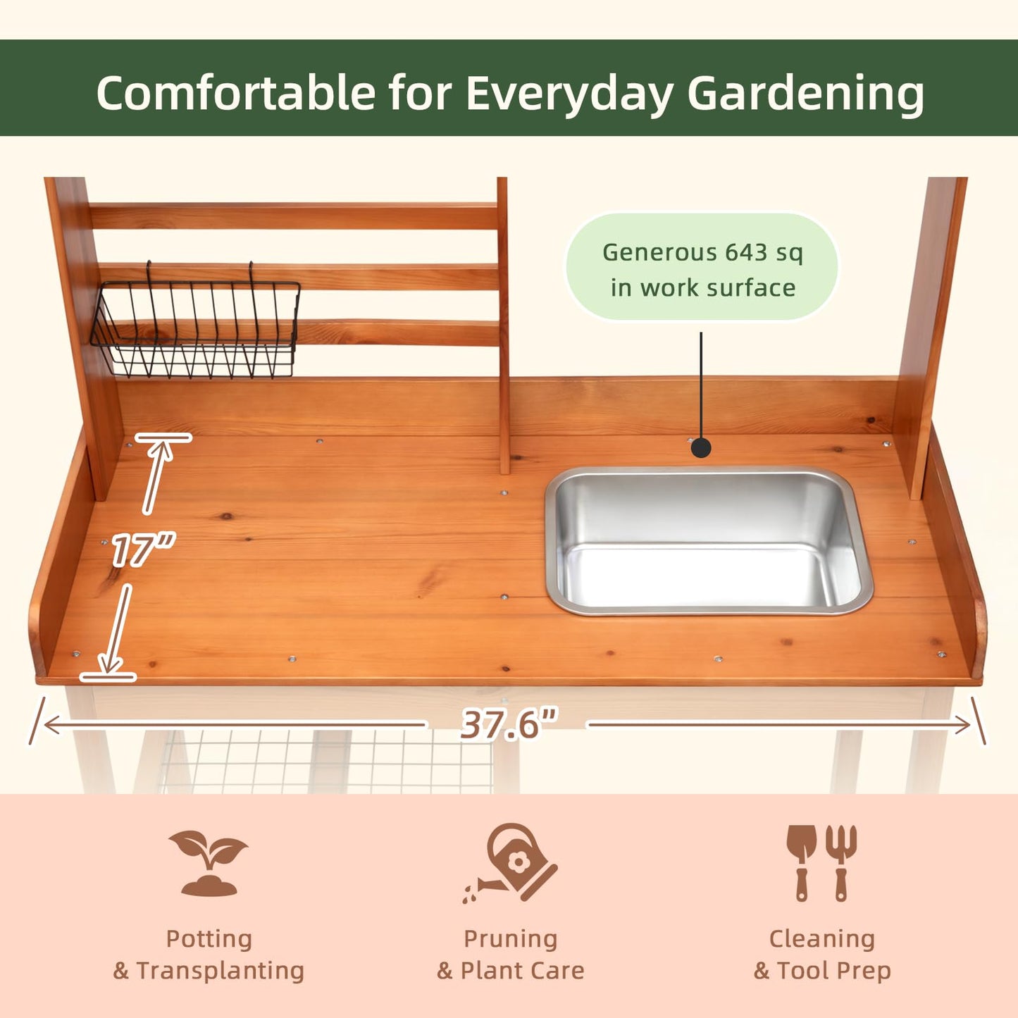 OOOK Potting Bench, Nordic Scots Pine Potting Table, Removable Sink, Workstation for Outside Patio Lawn, Wooden Garden Work Station