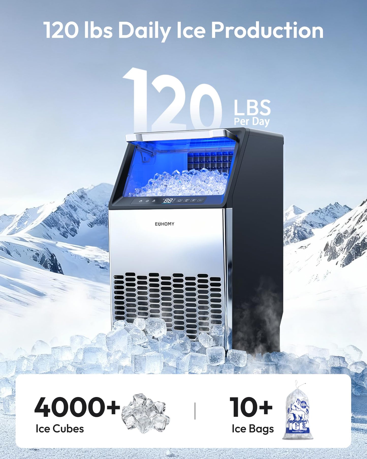 EUHOMY Commercial Ice Maker Machine,120lbs/24H Stainless Steel Under Counter Ice Machine with 33lbs Storage Bin, Freestanding Ice Maker for Home/Bar/Cafe/Restaurant(Mirror-Polished Stainless Steel)