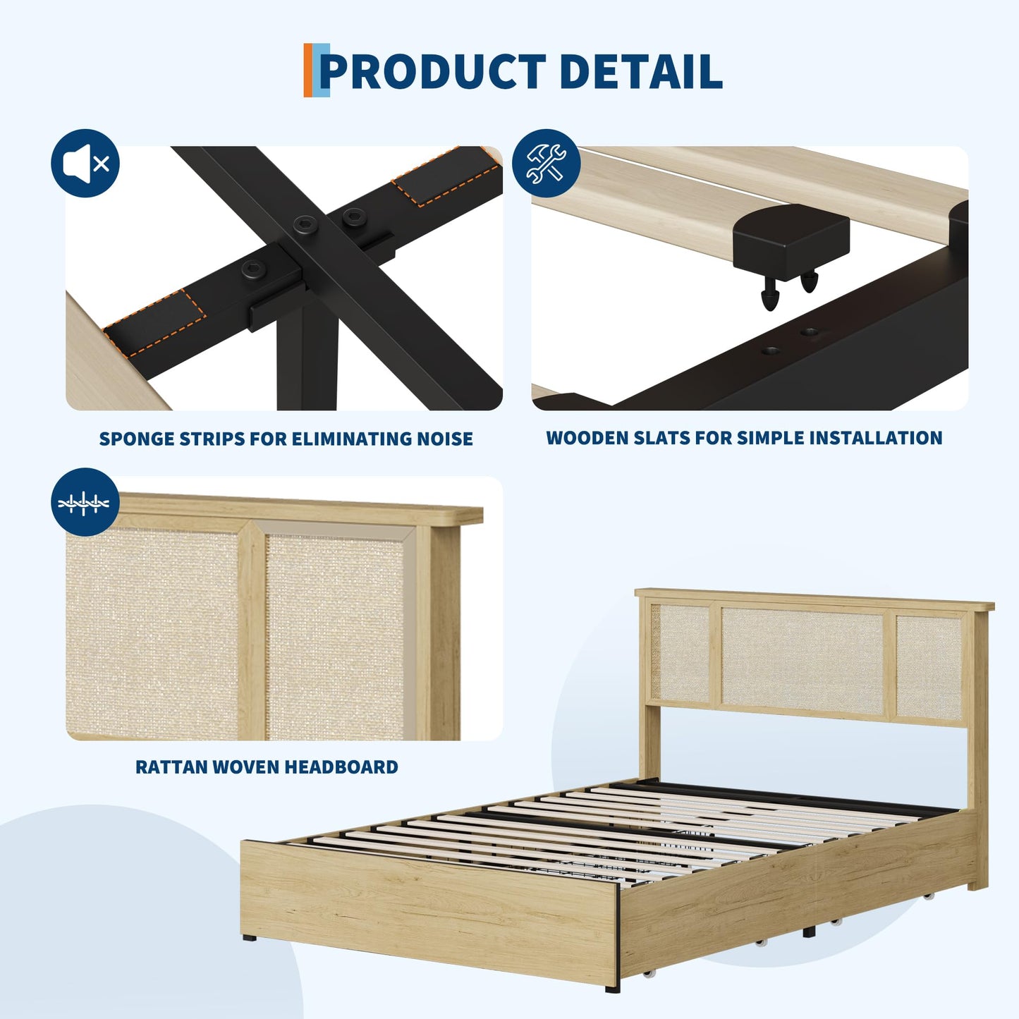 GarveeLife Full Size Boho Rattan Platform Bed Frame, Premium Cane Weave Headboard Design, Reinforced Metal Foundation Support, Space Saving Pull Out Drawers for Storage, Modern Bedroom Furniture Set