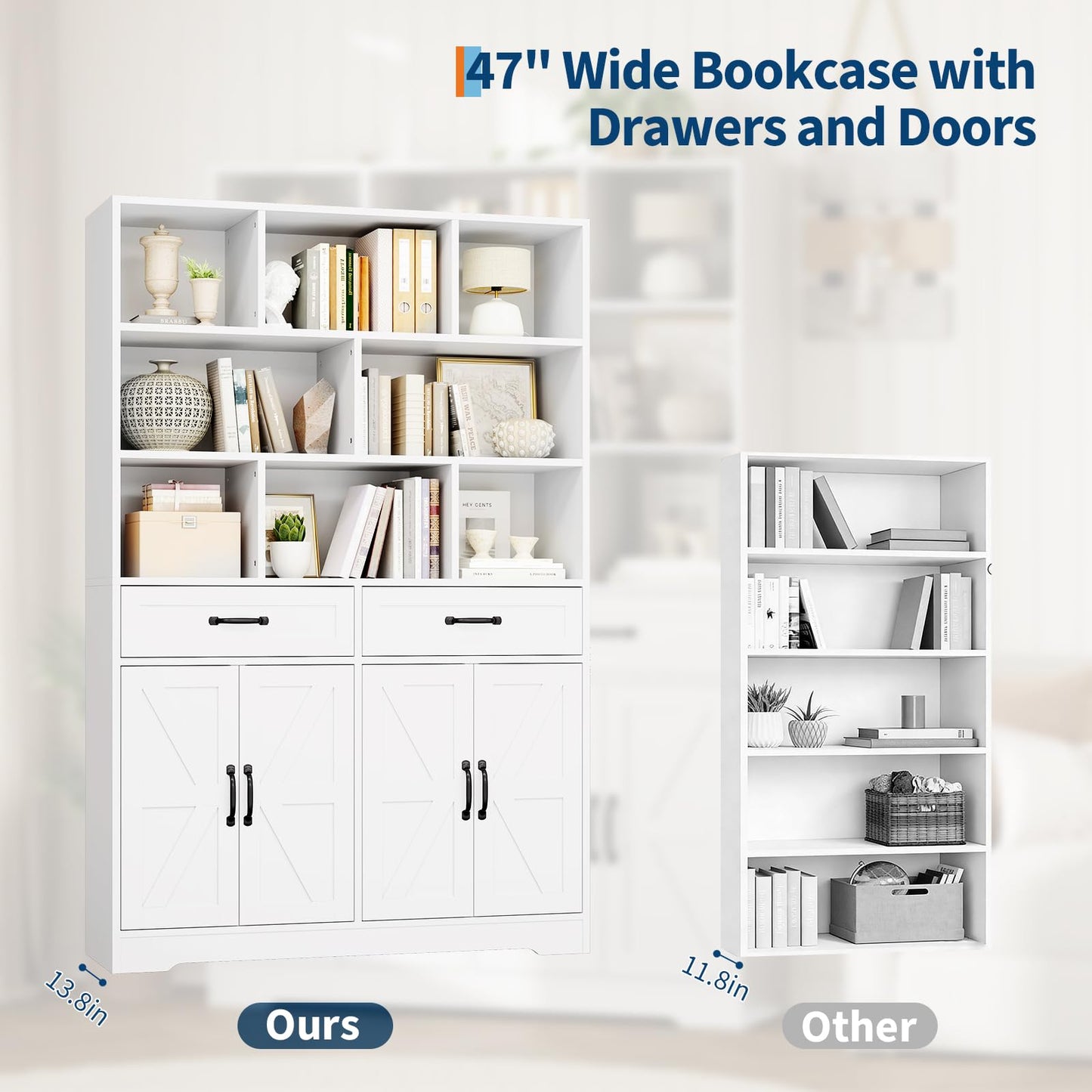IDEALHOUSE 6 Tier Large Bookcase with Drawers & Doors, 71 Inch Tall Wood Bookshelf, Modern Display Cabinet Book Storage Organizer for Office Living Room Apartments