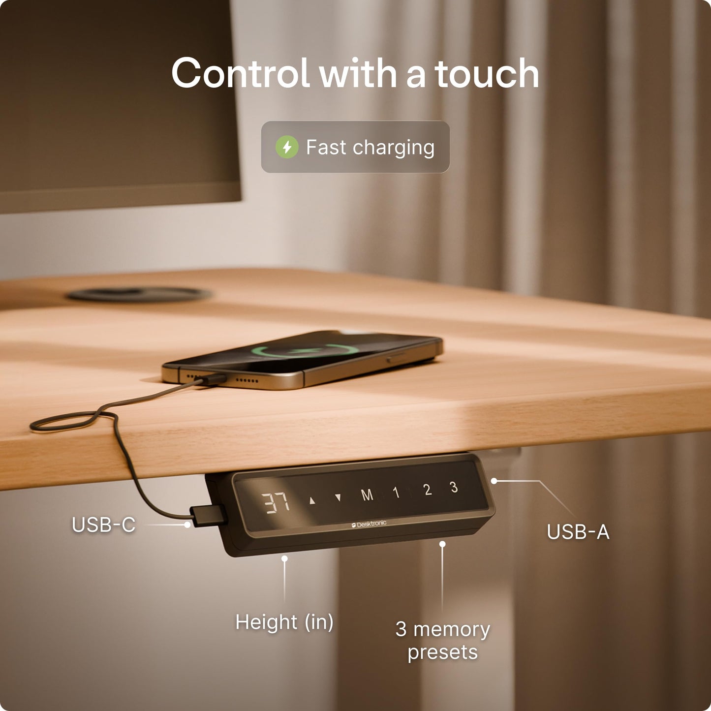 Desktronic Height Adjustable Standing Desk Frame — Ergonomic Sit Stand Desk Frame, Electric Dual Motors 353 lbs, USB & USB-C Charging, Wobble-Free, Touchscreen, 3 Memory Presets, Anti-Collision