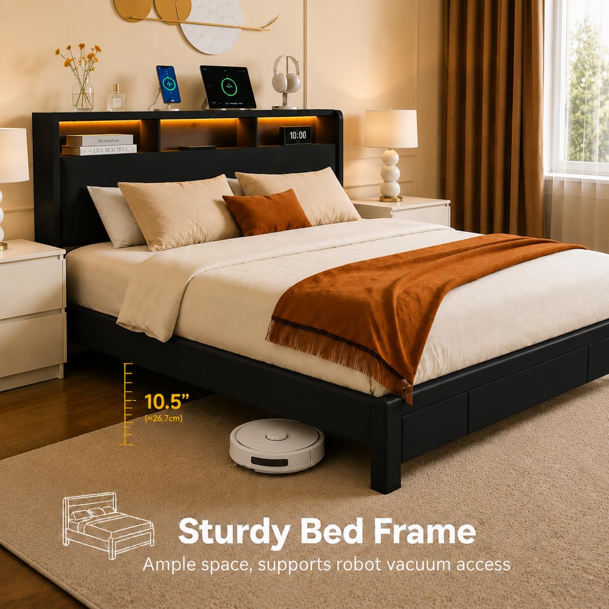 KEIKI Queen Size Upholstered Platform Bed Frame with Storage Headboard and Drawers, LED Bed Frame with Charging Station, Corduroy Mattress Foundation with Silent Slats, No Box Spring Needed