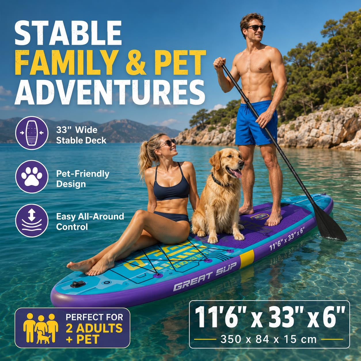 11'6'' Inflatable Stand Up Paddle Board for Adults, Non Slip Deck Blow Up Paddle Board for Fishing Yoga, Paddleboards with SUP Accessories, Fins, Leash, Air Pump, Seat, Backpack
