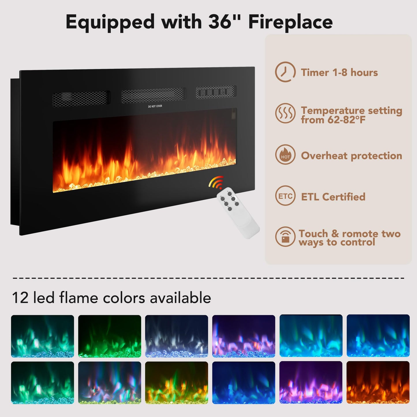 Decofy 70'' Fluted Fireplace TV Stand for 80'' TVs, Entertainment Center with Adjustable Shelves, TV Stand with 36" Electric Fireplace for Living Room, Walnut