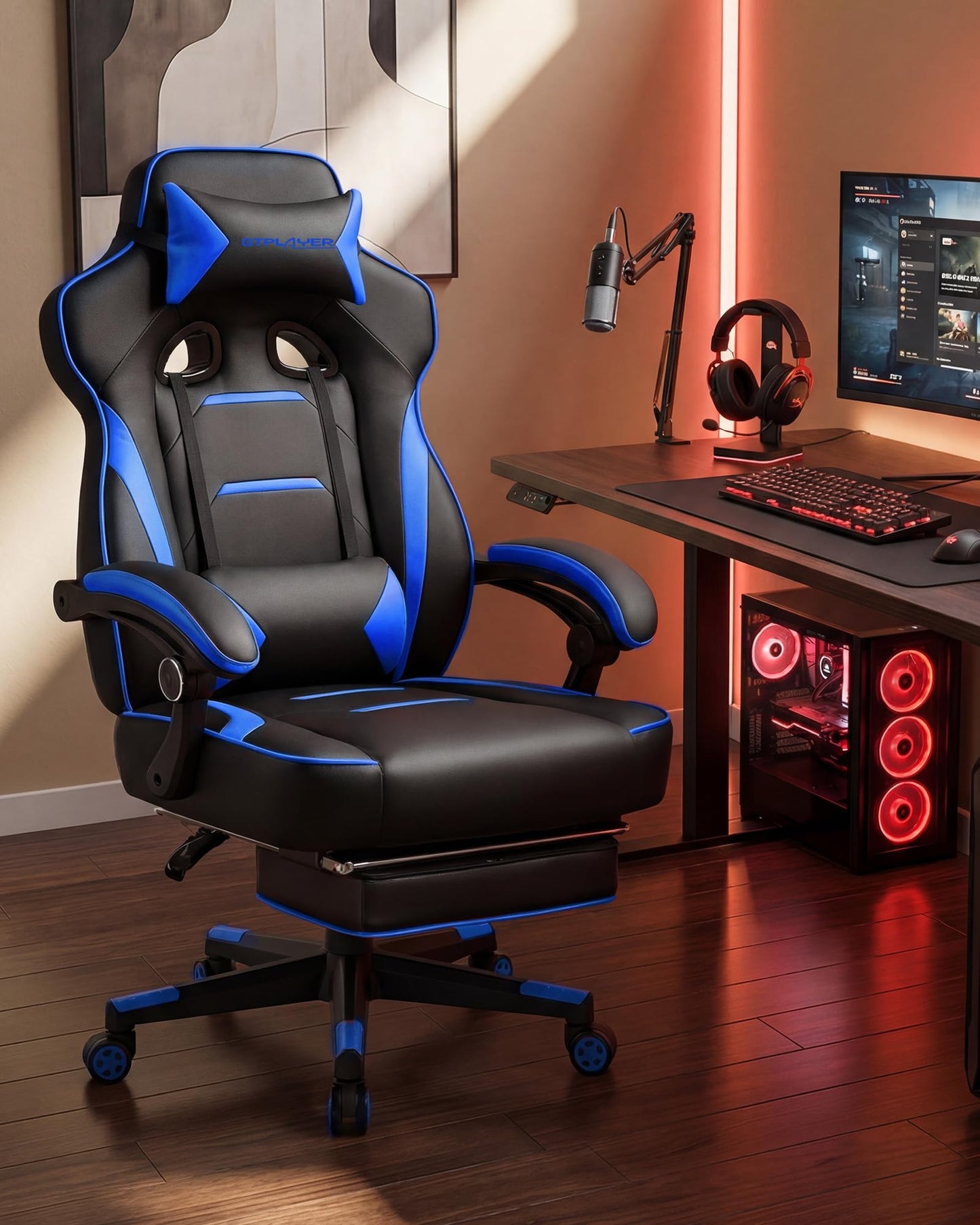 GTPLAYER Gaming Chair with Footrest, Big and Tall Game Chair 350lb Racing Style Computer Chair, Ergonomic Executive Office Chair High Back with Lumbar Support and Recliner, Blue