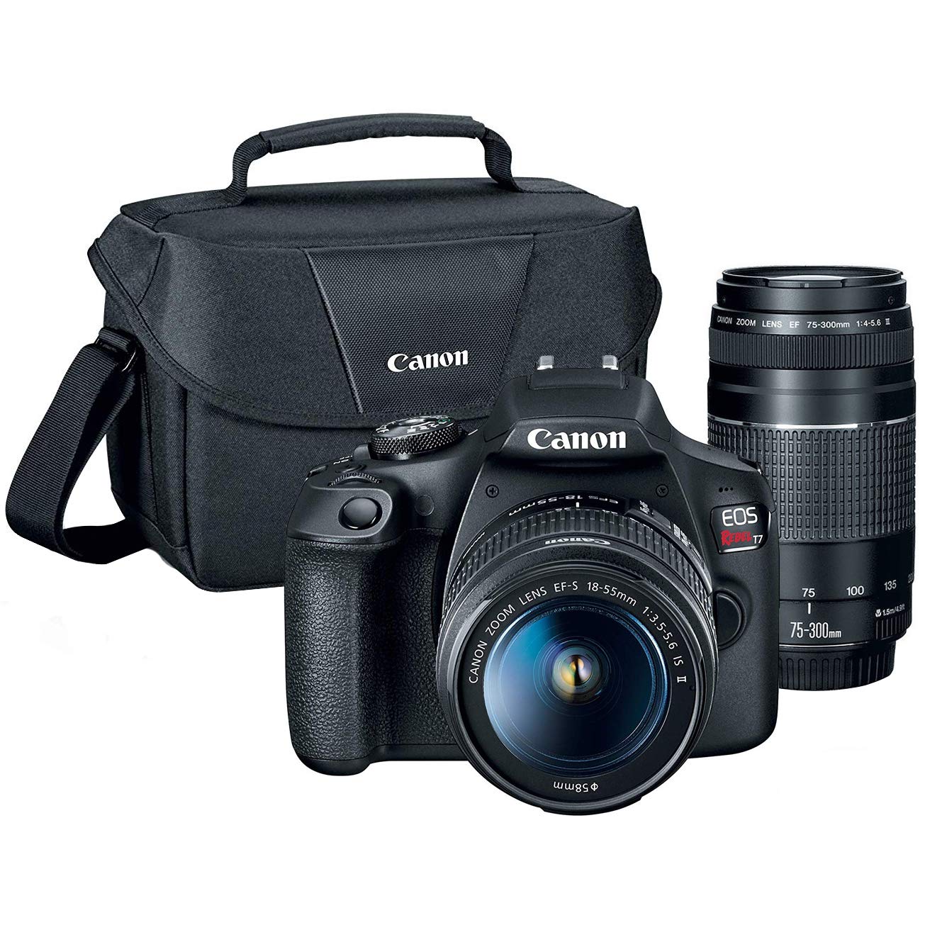 Canon T7 EOS Rebel DSLR Camera with EF-S 18-55mm f/3.5-5.6 is II and EF 75-300mm f/4-5.6 III Lens Plus Double Battery, Memory Card, Deluxe Case, Cleaning Kit and Mini Tripod Accessory Bundle