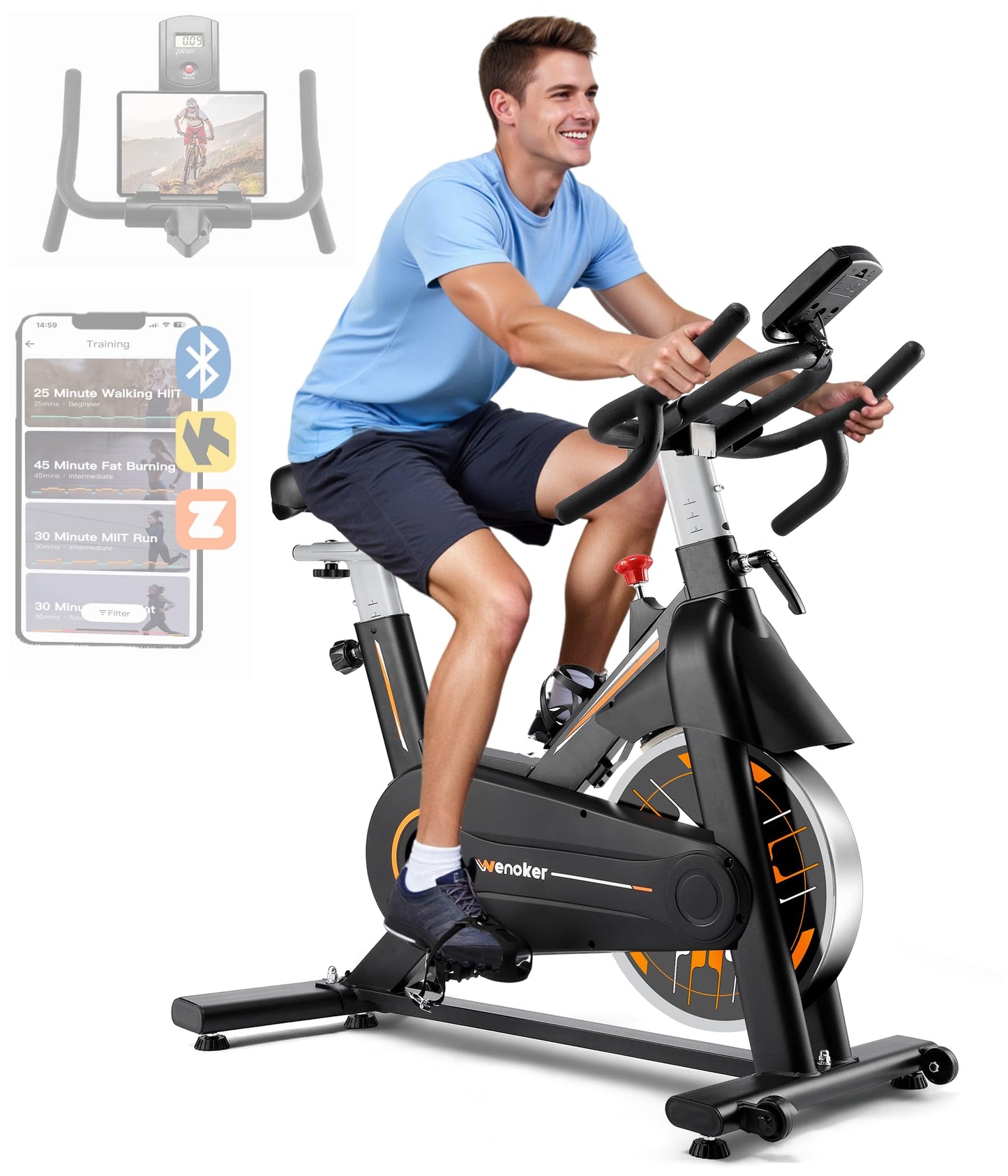 Exercise Bike, Wenoker Stationary Bike for Home, App Supported Indoor Bike with Adjustable Seat and Multi-grips Handlebar, Transport Wheels and Fitness Courses for Weight Loss