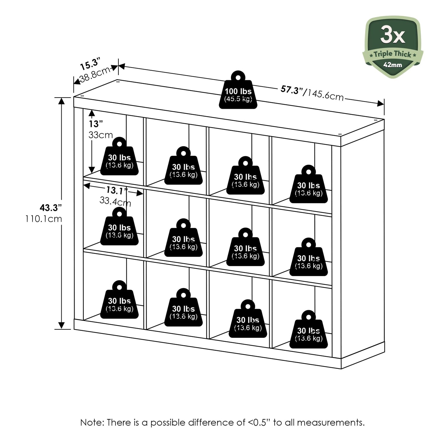 Furinno Cubicle Book Shelf, 12-Cube Bookshelf, Triple Thick Frame Cube Storage Organizer Bookcase, 1.65" Thick, 15.3 x 57.4 x 43.3, for Living Room, Bedroom, Home Office, Black Dark Oak