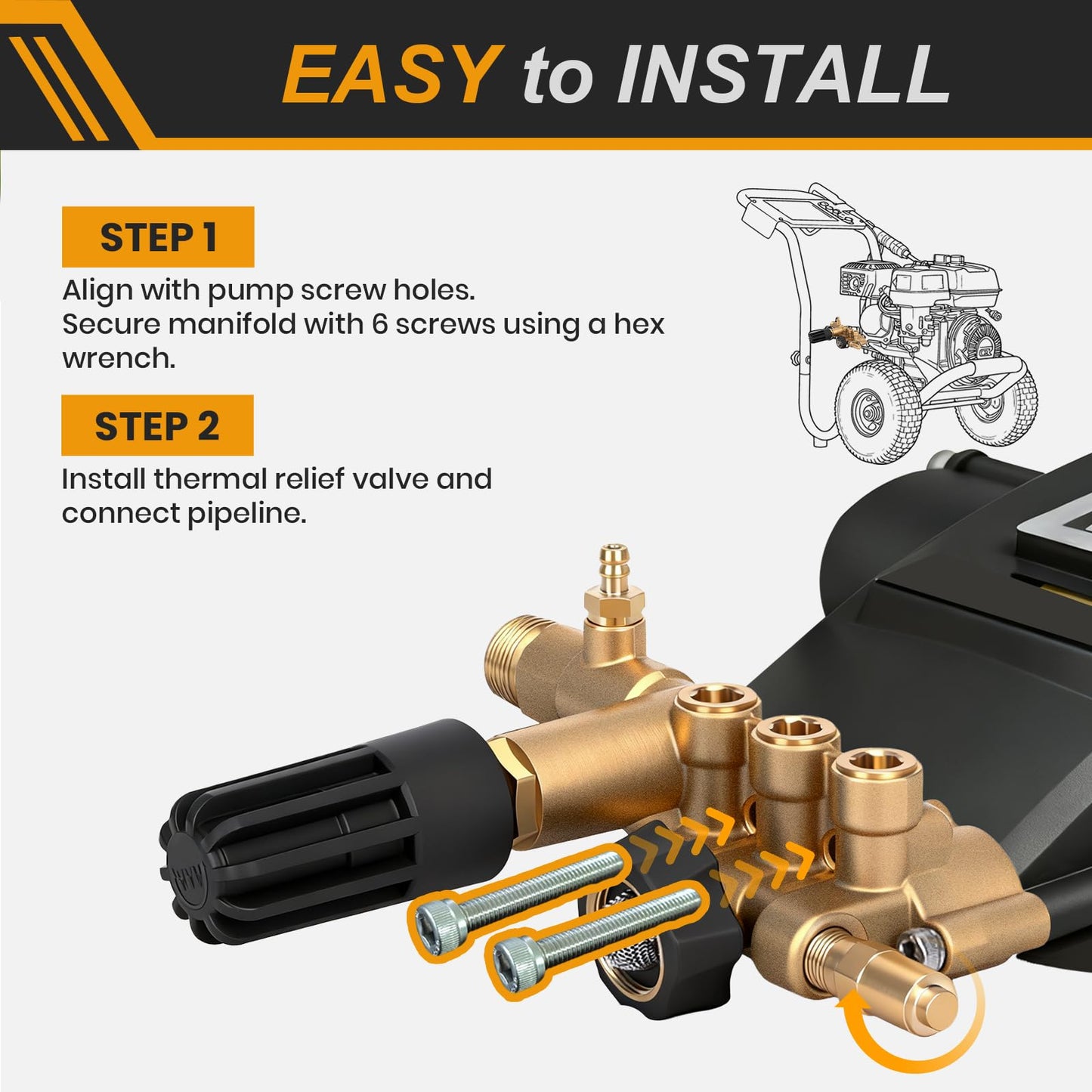 konzition Premium 7108746 AAA Pump Manifold Replacement Kit for AAA Pressure Washer Pump Model Numbers 530008, 530009, 530016, Heavy Duty 7108746 Manifold Kit with Hardware, Gold - Easy to Install