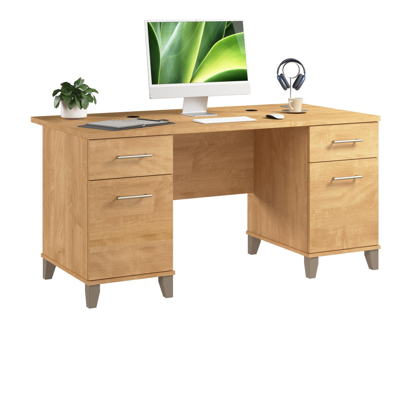 Bush Home 60-Inch Office Desk with Drawers, Computer Desk with File and Box Drawers, Home Office Workstation with Storage Cabinet, Writing Desk Furniture, Somerset Collection, Maple Cross