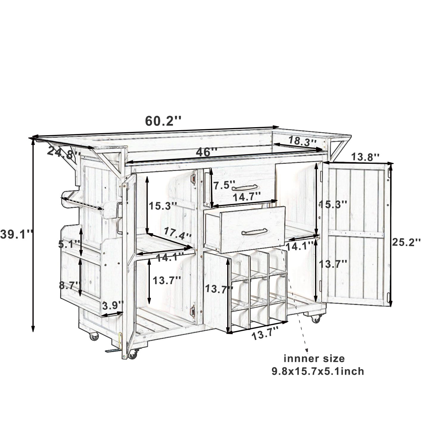 GDFStudio Elhill Patio Kitchen Island Cart with Extendable Top, Wooden Outdoor Storage Cabinet with Stainless Steel BBQ Prep Table Top, Wine Rack, Spice Rack, Drawers and Lockable Wheels, Gray