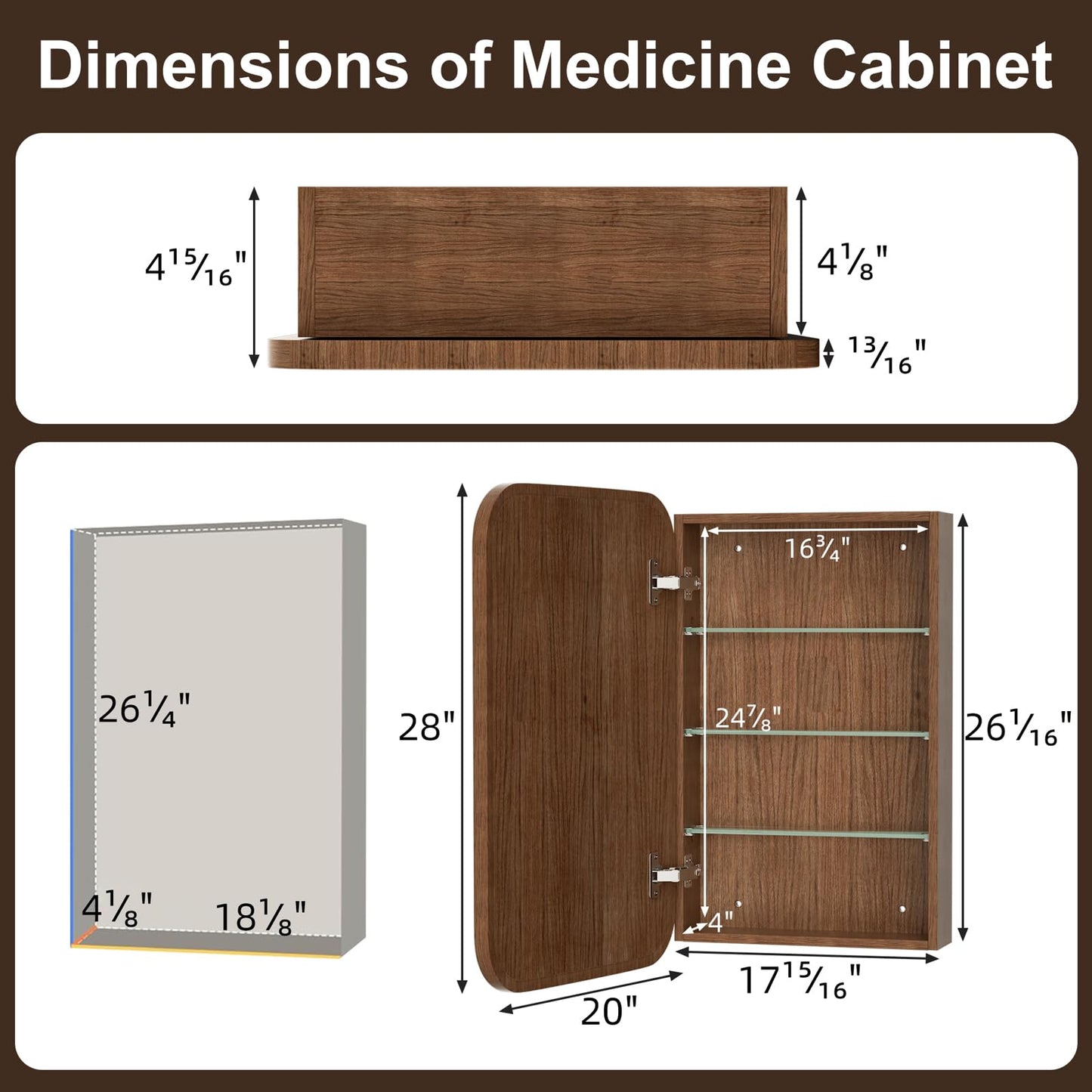 Keazile 20x28 Inch Wood Medicine Cabinet with Mirror, Surface or Recessed Mount Bathroom Mirror Cabinet, Adjustable Glass Shelves, Soft-Close Door, Rounded Corner, Fully Assembled, Walnut
