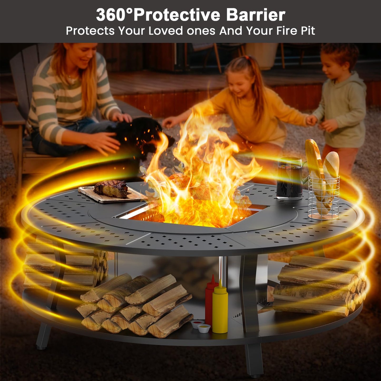 Uniflasy Smokeless Fire Pit and Fire Pit Surround Tabletop, Portable Protective Barrier Equal Width, Safety & Extra Space, 48" Outdoor Tabletop & 17" Smokeless Firepit for Backyard, Camping & Party