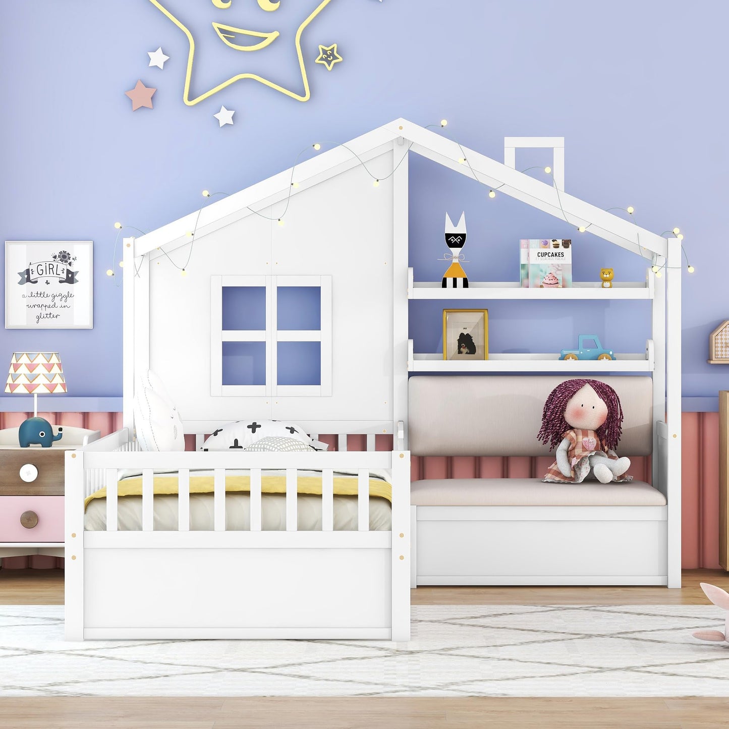 Merax Twin Size House Bed with Upholstered Sofa Seat, White L-Shape Wooden Platform Bed Frame with Two Drawers and Storage Shelf