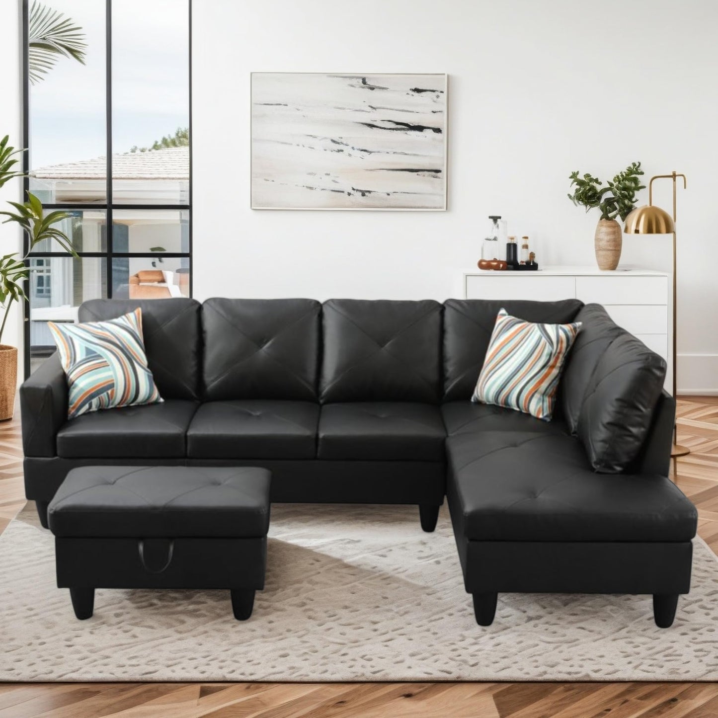 Trygoal 97" Leather L Shaped Couch with Right Chaise & Cup Holder, Sectional Sofas Modular Furniture Set with Storage Ottoman, Convertible Couches for Living Room, Small Space & Office (Black)