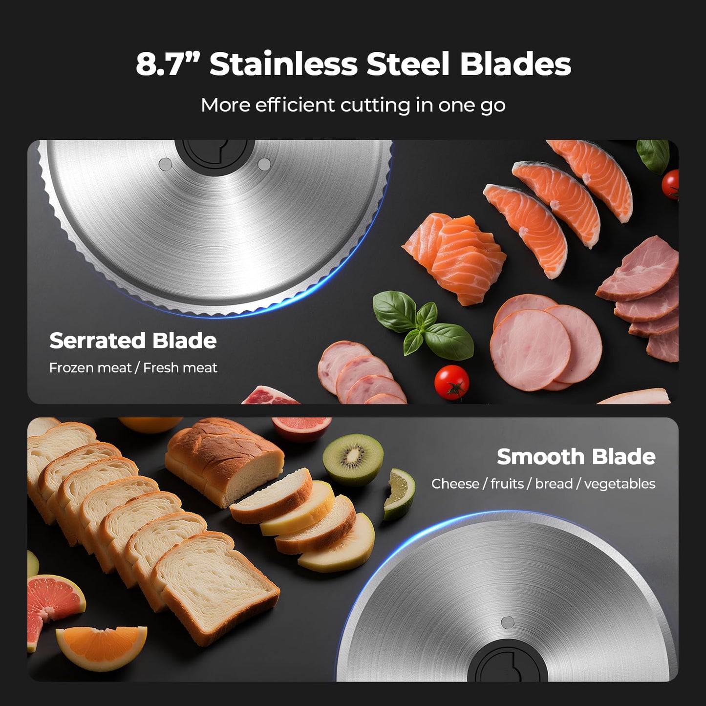 OSTBA Electric Meat Slicer with 200W DC Motor, 2 Removable 8.7” Stainless Steel Blades, Adjustable Thickness 0–15mm, Food Tray & Hand Grip, Commercial Deli Food Slicer for Meat, Cheese, Bread, Veggies