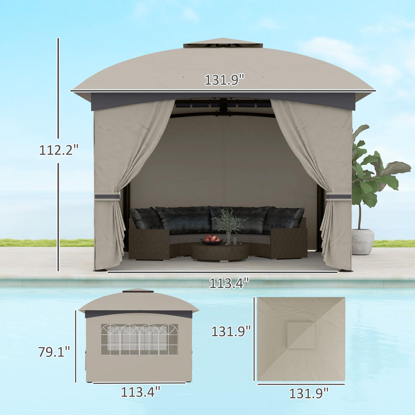 Outsunny 11' x 11' Outdoor Gazebo, Arc Patio Gazebo Canopy Shelter, UV Protected, with Curtains, Church Windows, Double Roof, Galvanized Steel Frame for Lawn, Backyard and Deck, Light Gray