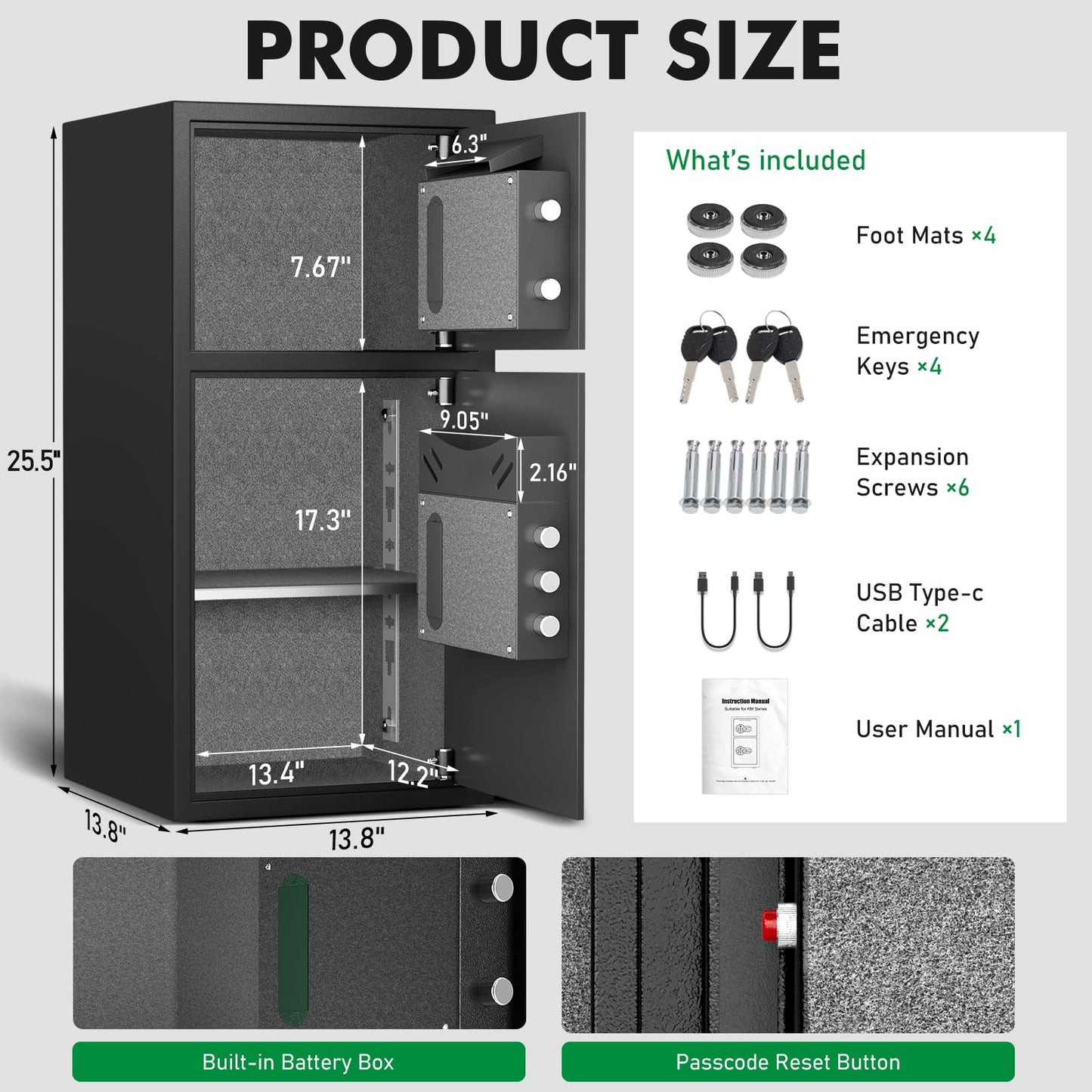 Luzfuego 2026 NEW Large Home safe Fireproof Waterproof, 6.0 Cub Money Safe with Drop Slot & Metal Deposit Storage Box, Fingerprint Safe with Dual Alarm System & Mute Mode for Valuables