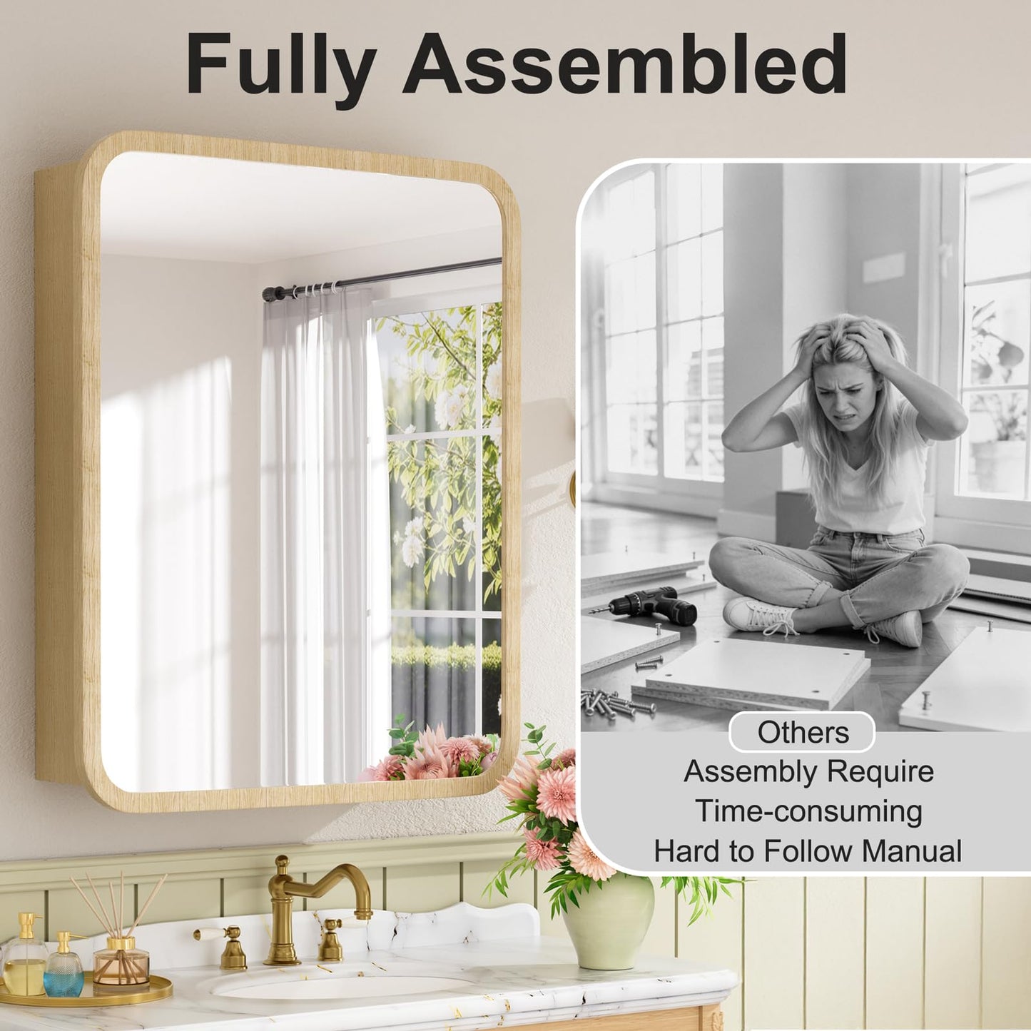 Keazile 20x28 Inch Wood Medicine Cabinet with Mirror, Surface or Recessed Mount Bathroom Mirror Cabinet, Adjustable Glass Shelves, Soft-Close Door, Rounded Corner, Fully Assembled, Oak