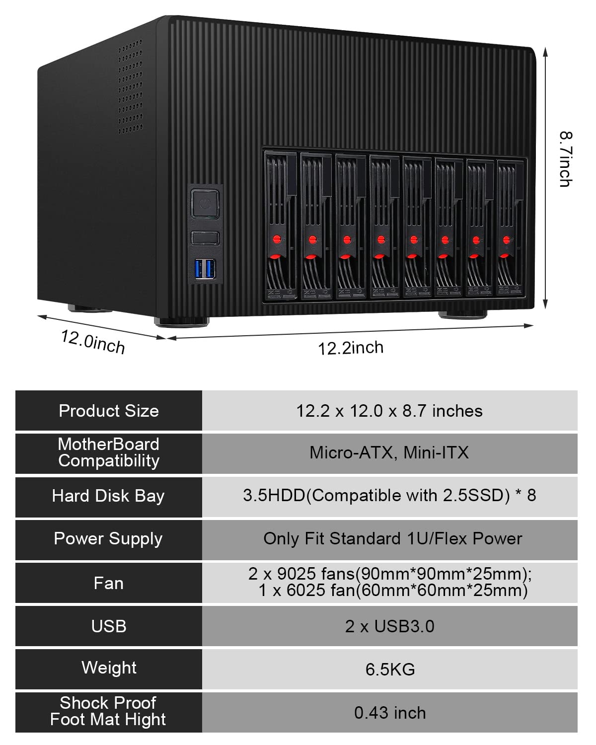AUDHEID K7 8 Bay NAS Case, Computer Enclosures Compatible Micro-ATX Mini-ITX Motherboard, 3 x Fans, 8 x 2.5/3.5" Tray, Network Attached Storage Server for Home(Diskless)