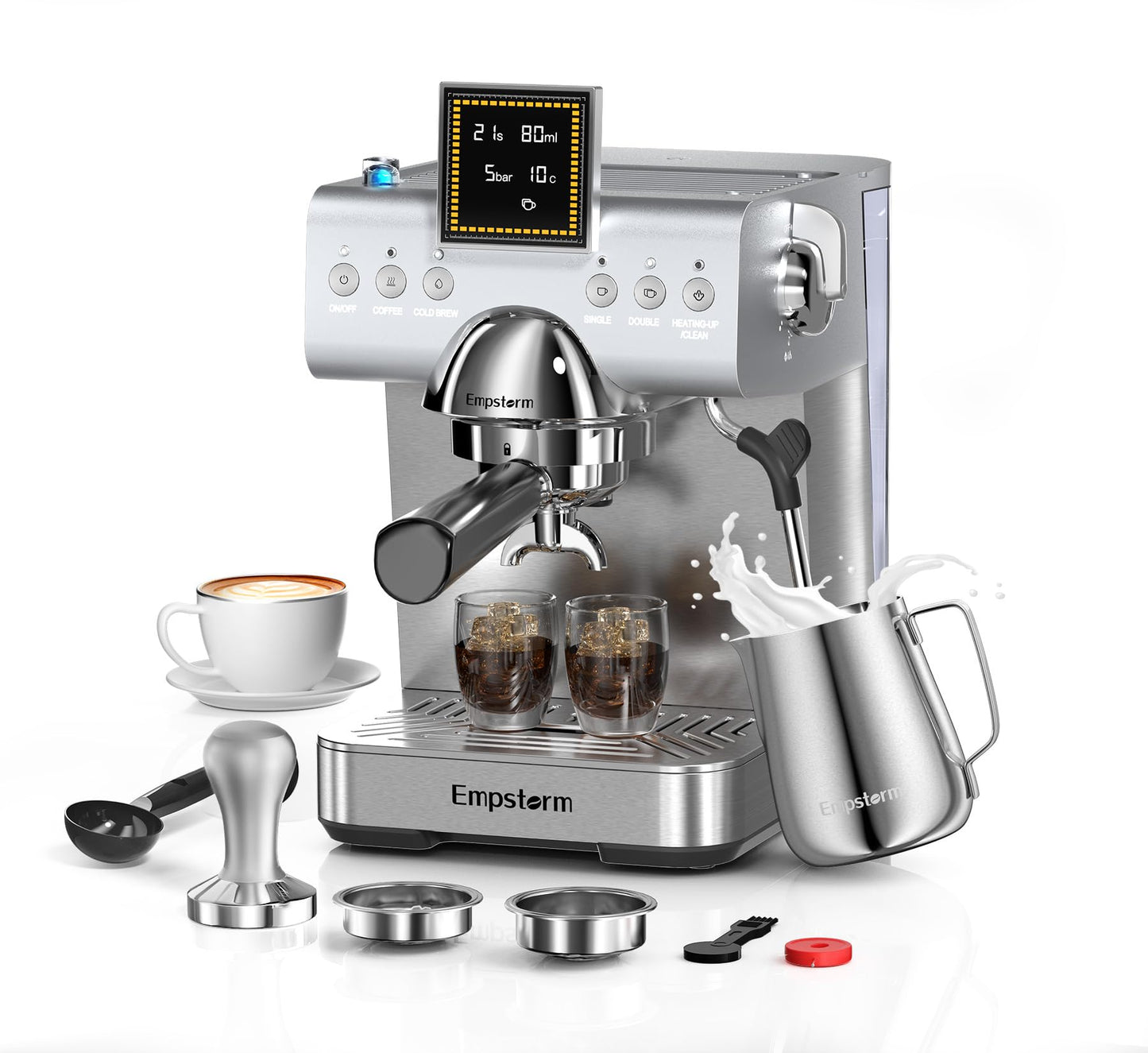20 Bar Espresso Machine with Milk Frother Steam, Compact Stainless Steel Espresso maker with LED Display Cold Brew & Hot Coffee Maker, Professional Cappuccino Expresso Machine for Home and Office