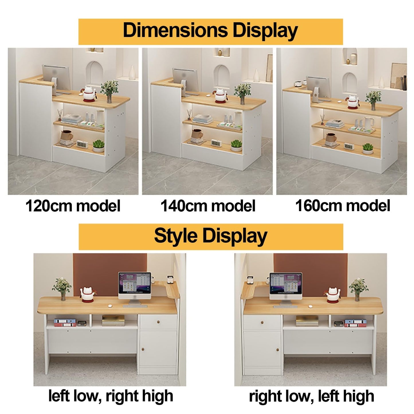 Modern Reception Counter Desk for Front Desk, Lobby & Salon - Retail Counter with Display Shelf & Drawers