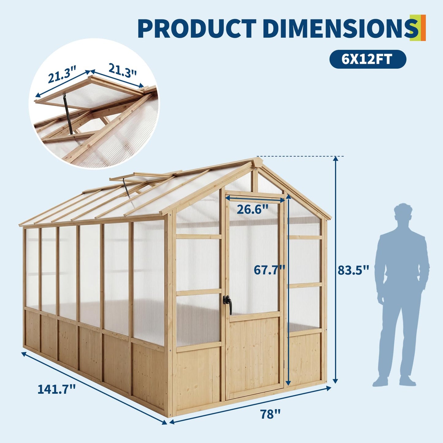 6x12 FT Wooden Greenhouse for Outdoor, Walk-in Greenhouse Kit with Ventilated Window & Lockable Door & Polycarbonate Panels, Large Wood Frame Green House for Garden, Backyard, Patio, Lawn, Plant