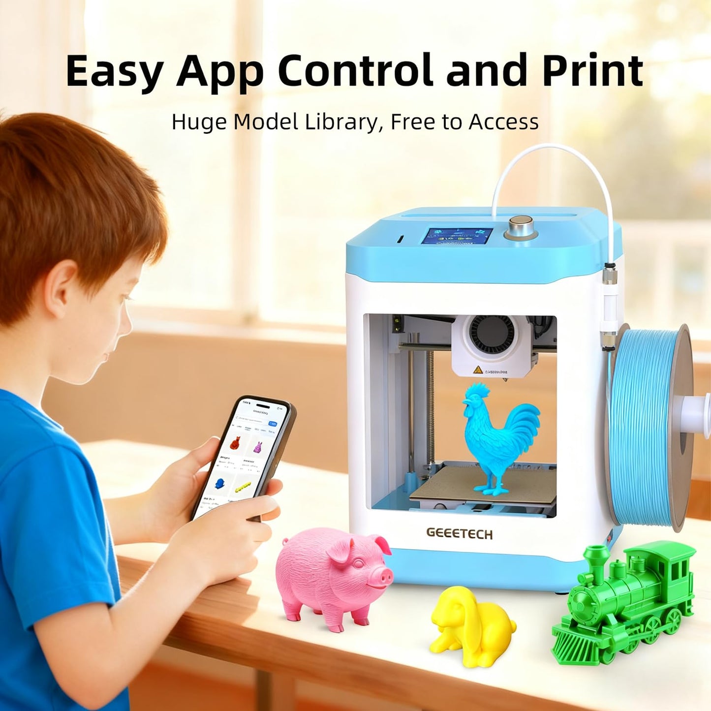 Geeetech Smart 3D Printer for Kids and Beginners, WiFi Mini 3D Printers with App Control, High Speed and Quality Printing, Fully Assembled and Auto Leveling, Blue (Blue)