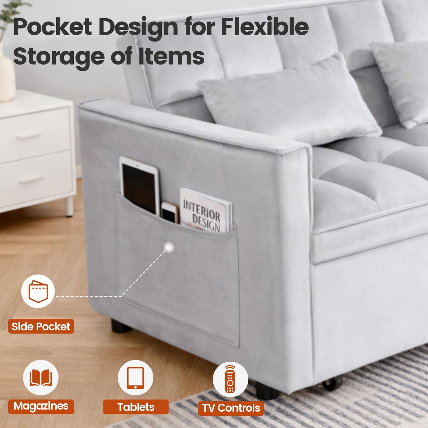 Trygoal 3 in 1 Convertible Sleeper Sofa Bed, Velvet Fabric Loveseat Sofa Bed with Adjustable Backrest & Large Side Pockets, Pull Out Couch for Small Spaces, Apartment, Living Room, Gray