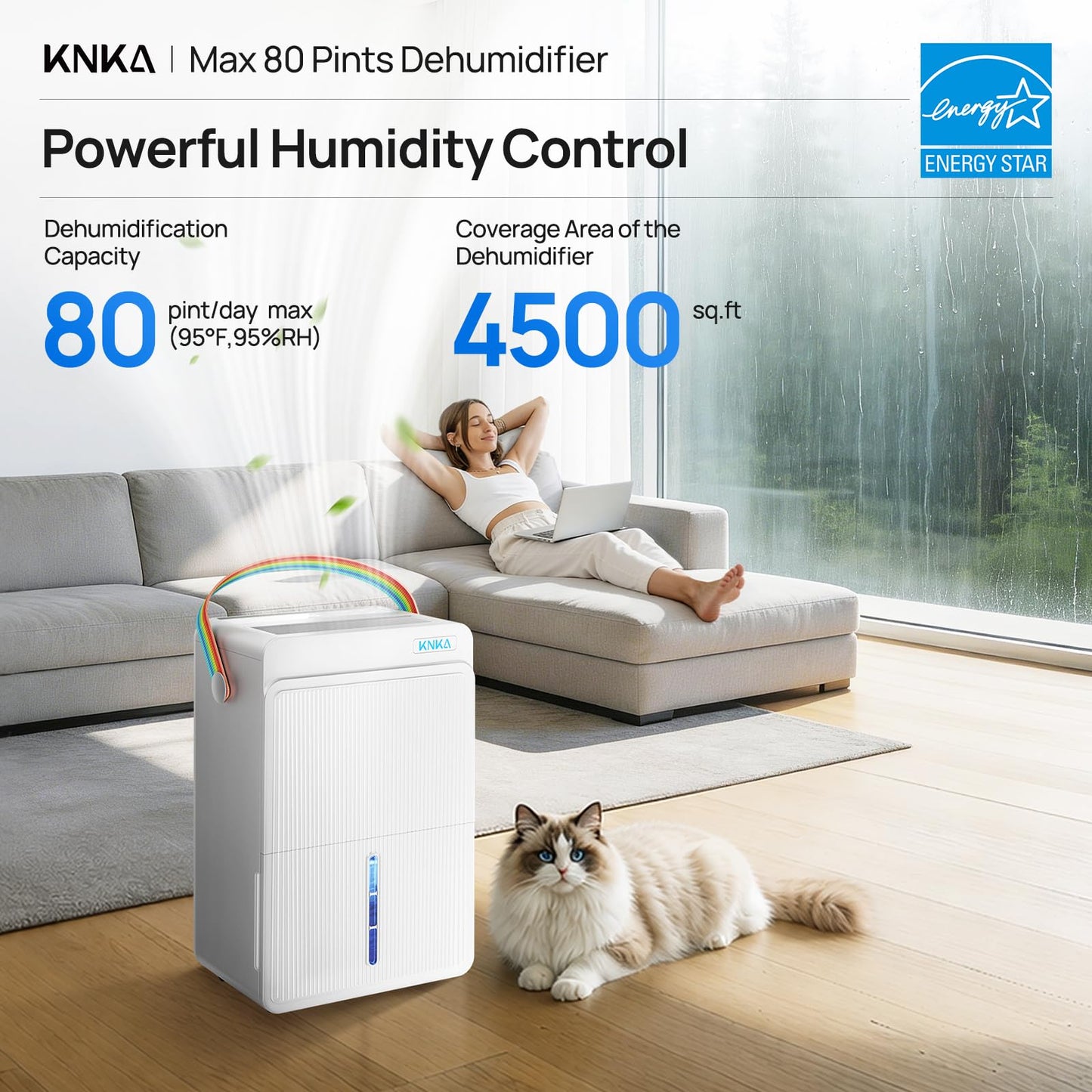 KNKA ENERGY STAR 4500 Sq.Ft Dehumidifier, Max 80 Pint/Day Dehumidifier with Drain Hose, Dehumidifier for Basement, Bedroom, Bathroom, Large Room, Smart Humidity Control, Dual Timer, Sleep Mode