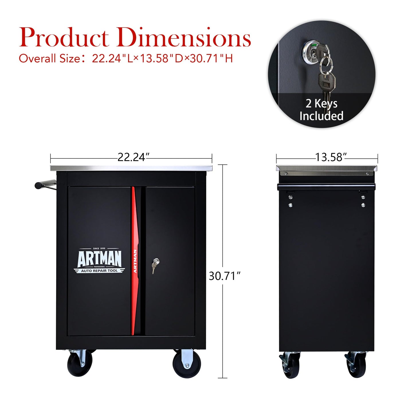 KEIKI Double Door Tool Cart with Storage Shelf, Rolling Metal Tool Cabinet with Lockable Wheels, Multi-Function Garage Workshop Tool Organizer (Black&Red)