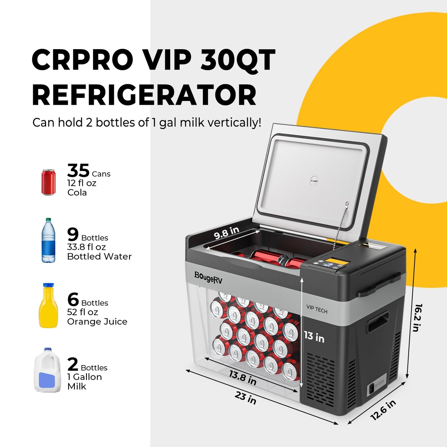 BougeRV 12 Volt Refrigerator, CRPRO VIP 30 Quart 12V Car Fridge (-8℉~50℉), Compressor Cooler with 12V/24 DC, 110-240 AC for Outdoor Camping Overlanding Truck RV SUV Van