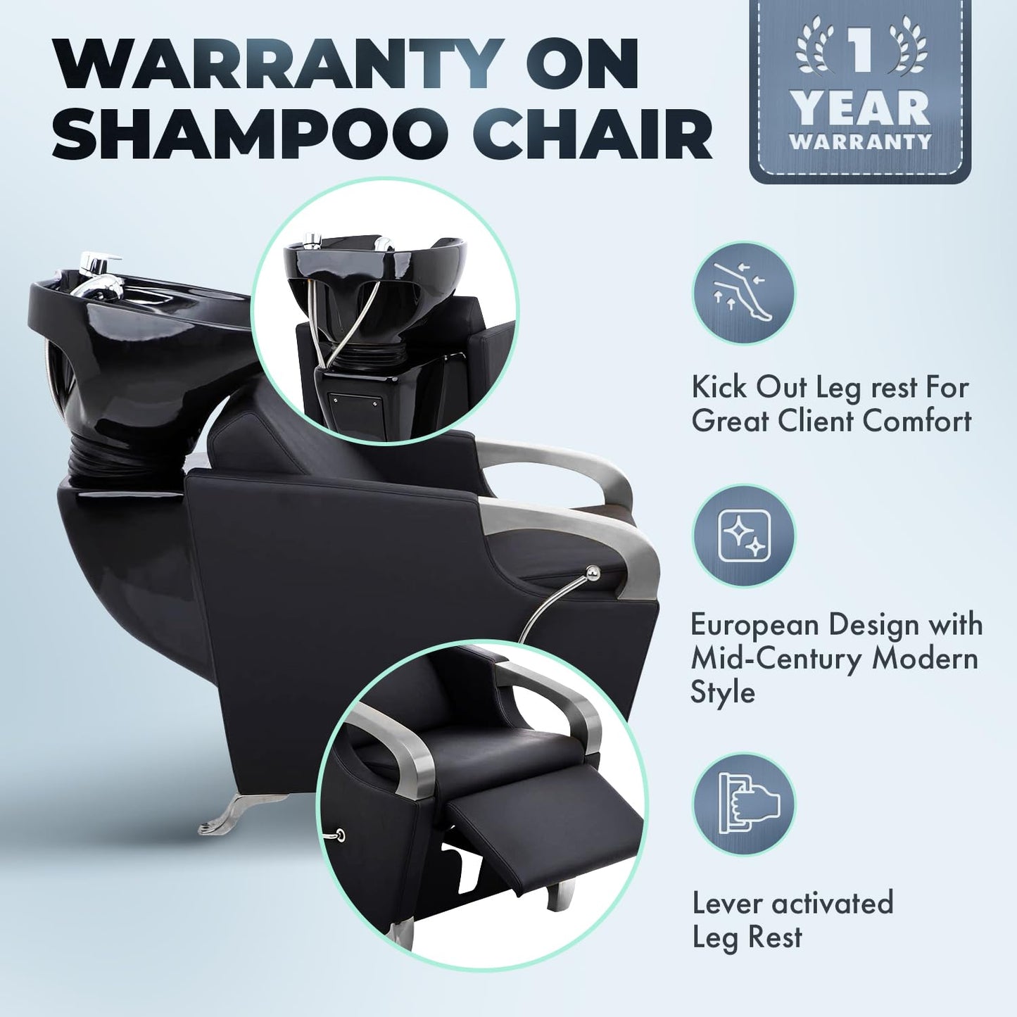 Buy-Rite Luna Shampoo Backwash Station with Black Tilting Porcelain Bowl, Extra Wide Seat with Leg Rest, Brushed Chrome Armrests, Single-Handle Faucet & Vacuum Breaker, YLG-583-1 (Black Sink)