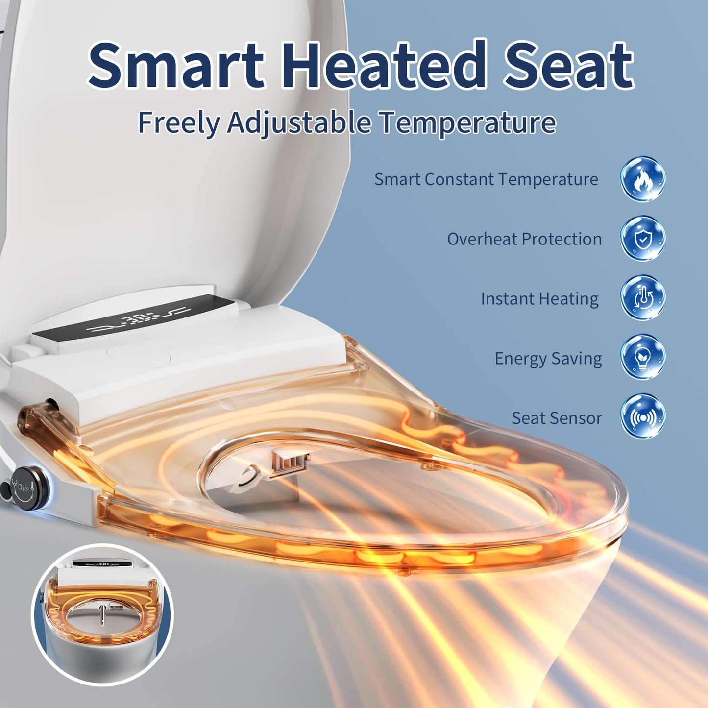 Simenr Electric Bidet Toilet Seat Round, Heated Smart Bidet Seat with Instant Warm Water & Dryer, Self-Cleaning Nozzle, Soft Close Lid, Night Light - Adjustable Temp & Pressure, Remote & Knob Control