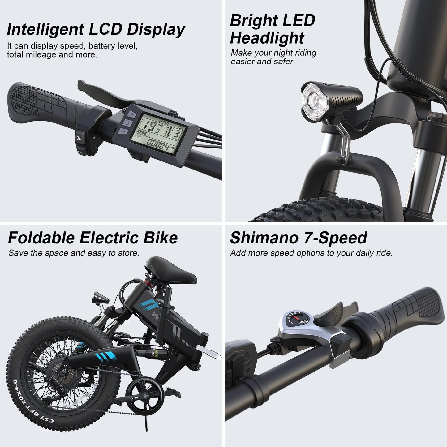 Wooken Folding Electric Bike, 20''X4.0 Fat Tire Electric Bike for Adults,Peak 750W Foldable E Bike with 48V 10Ah Battery,Professional 7 Speed, Full Fuspension, 20MPH Ebike for Mountain Beach Snow