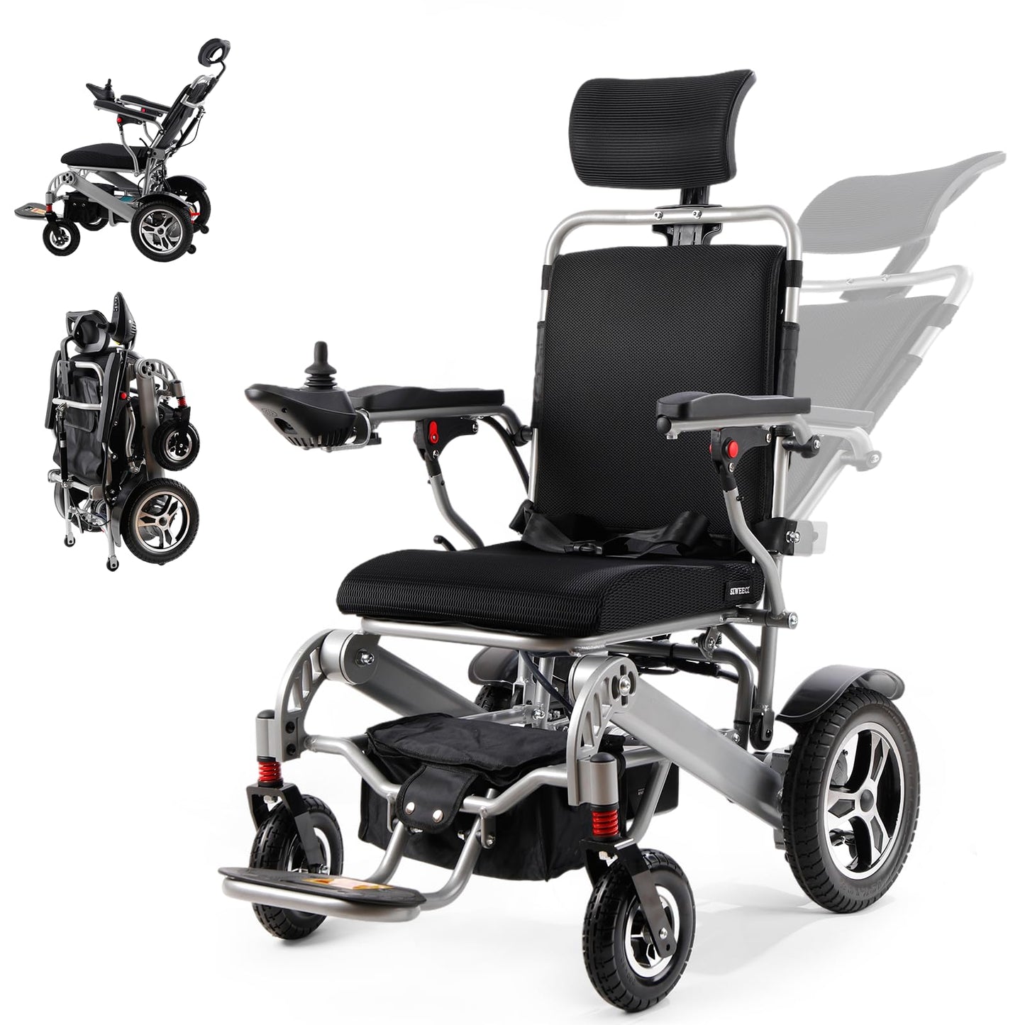 Reclining Electric Wheelchair for Adults Foldable Power Motorized Wheelchair Reclining Backrest All Terrain Electric Wheelchair for Seniors Portable Airline Approved Sliver