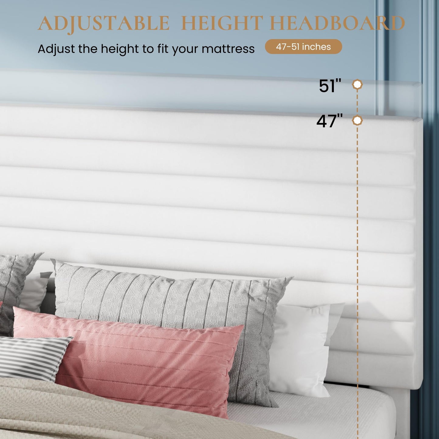 SHA CERLIN King Size Platform Bed Frame with Adjustable Headboard, Velvet Upholstered Bed with Under-Bed Storage, Modern Horizontal Channel Tufted, Wood Slats Support, No Box Spring Needed, White