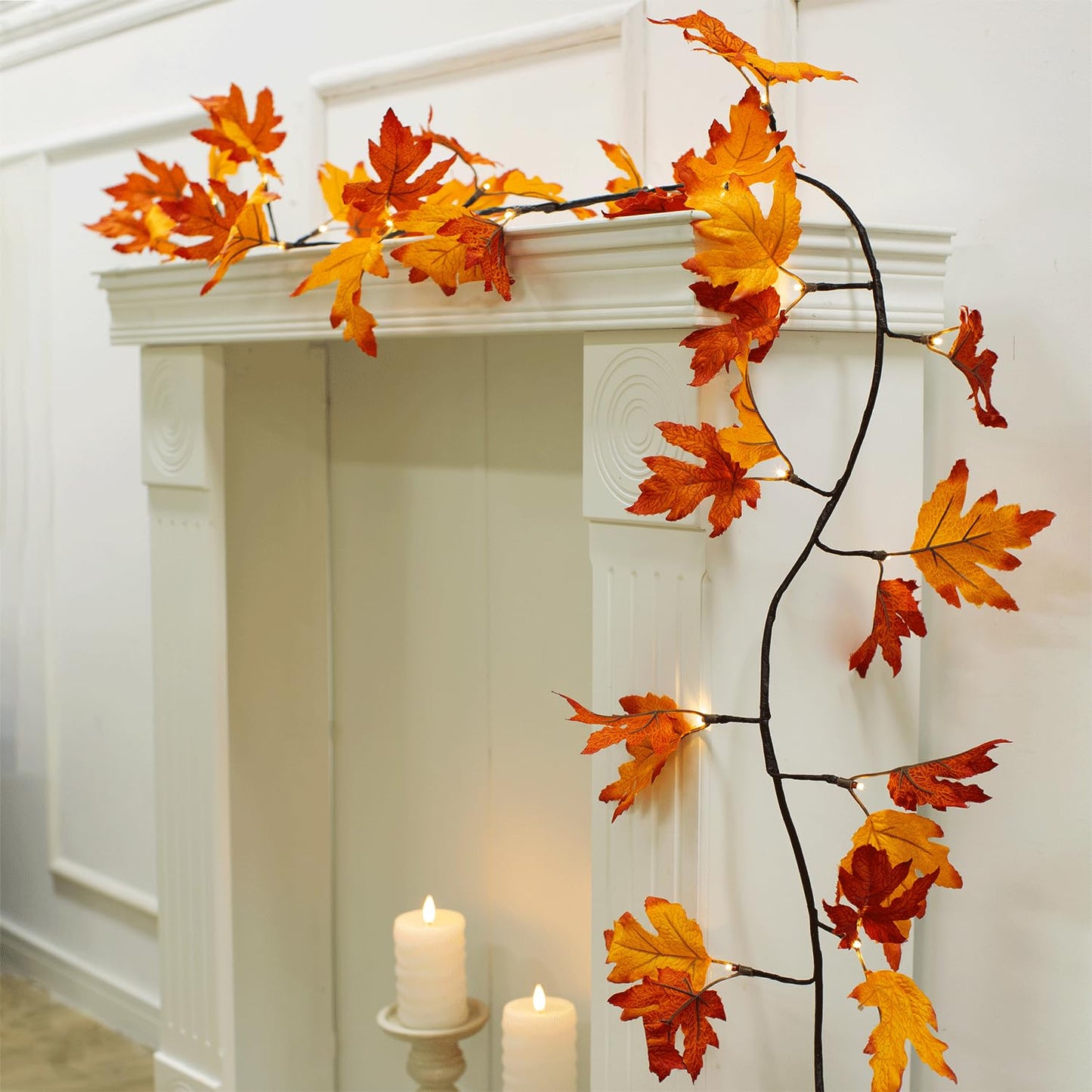 NWLIGHT Fall Garland with Lights, 6.56Ft Orange Maple Leaf, 24 LED, Timer, Indoor Autumn Decoration