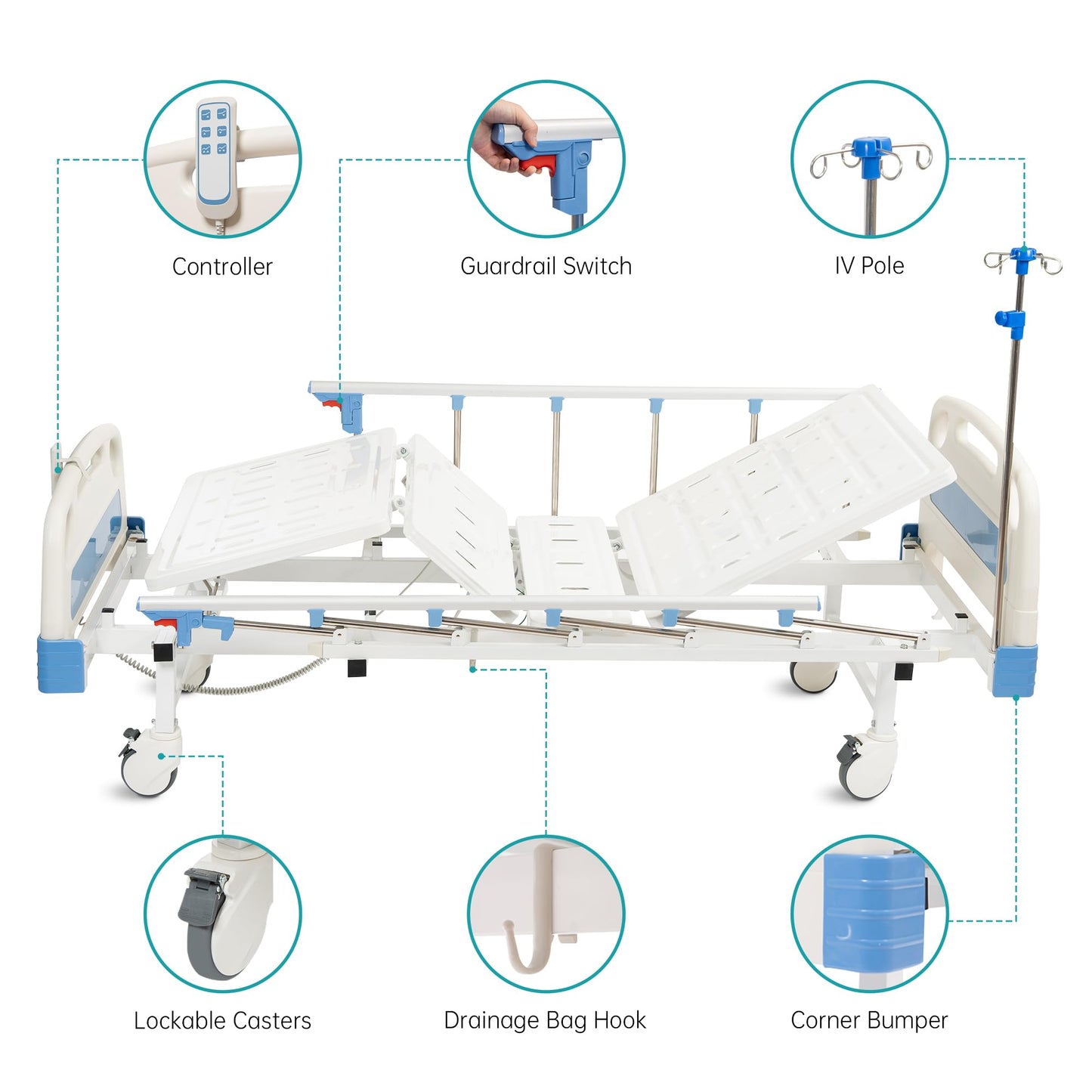 ELENKER Full Electric Hospital Bed for Home Use, ICU Medical Bed, Premium 2 Function Hospital ICU Bed with Remote Control, Quiet Wheels, IV Pole, Mattress, 5-Inch Lockable Casters
