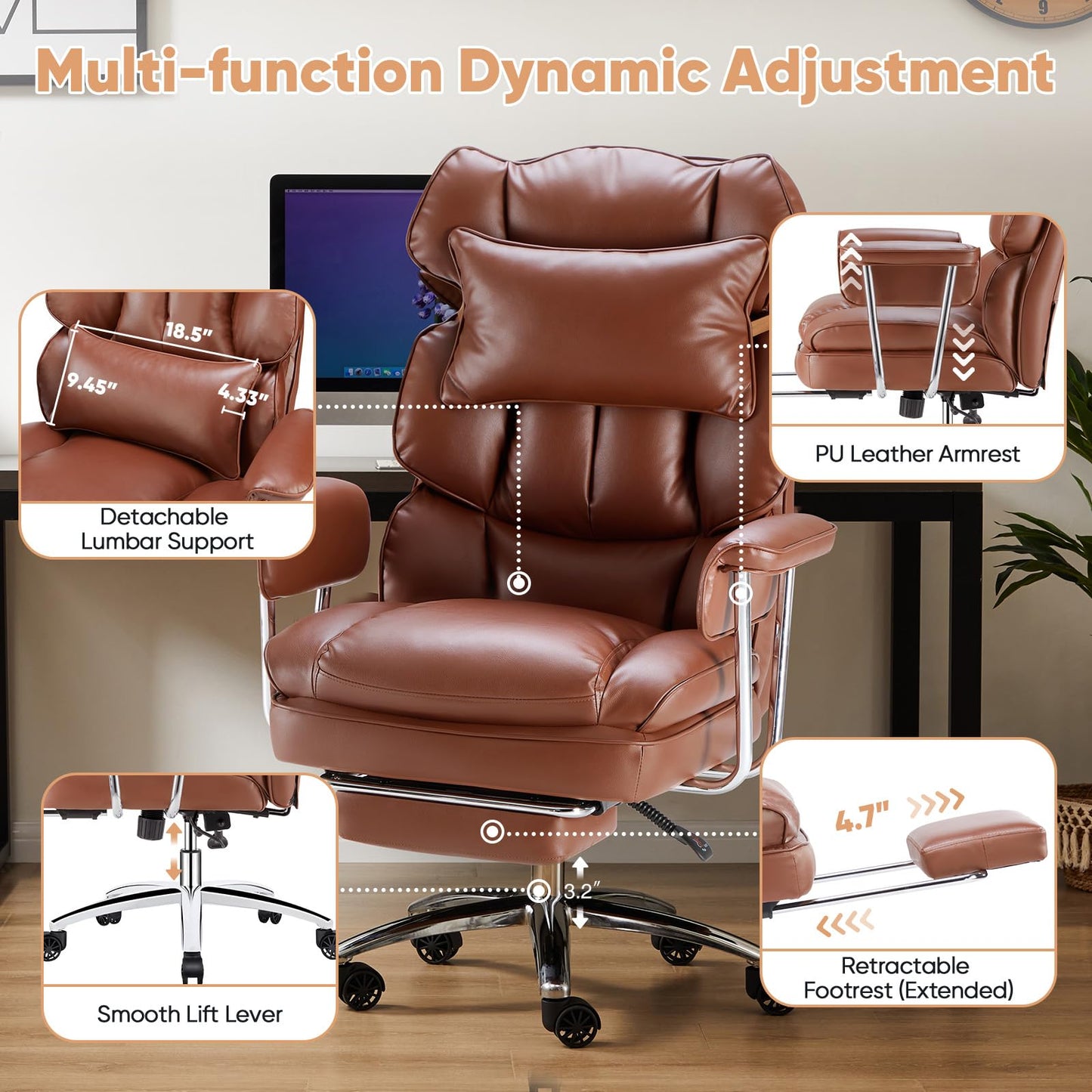 Sweetcrispy Executive Home Office Desk Chair - Ergonomic Big Tall High Back with Footrest & Lumbar Support, Reclining Height Adjustable, Comfy PU Leather Computer Gaming with Swivel Wheels, Brown