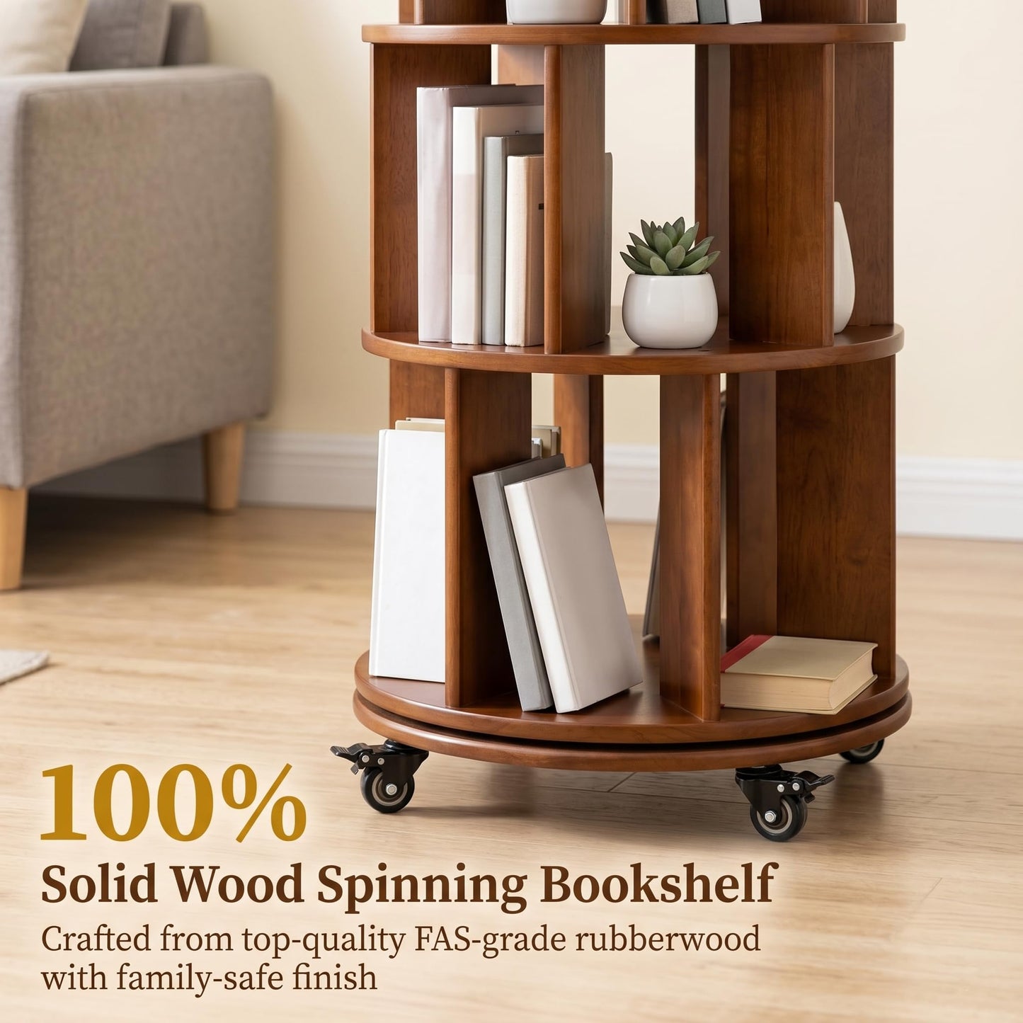 Rotating Bookshelf Tower on Wheels, Solid Rubber Wood Spinning, Round Bookcase with Lockable Casters, 360° Rolling, Book Shelf for Small Spaces, Corner, Home Office & Bedroom (6 Tier - Walnut)
