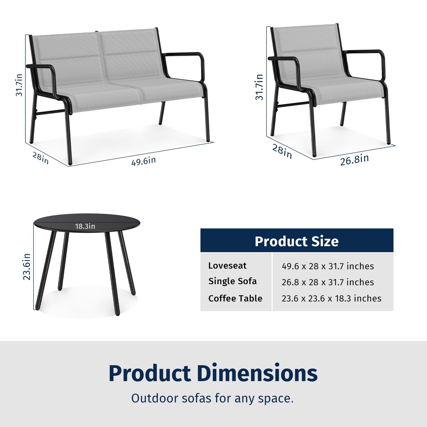 East Oak 4-Piece Patio Furniture Set, Waterproof Outdoor Furniture Set, Patio Sofa with Coffee Table for Balcony or Porch, 4 Seats Patio Conversation Sets for Backyard in Grey