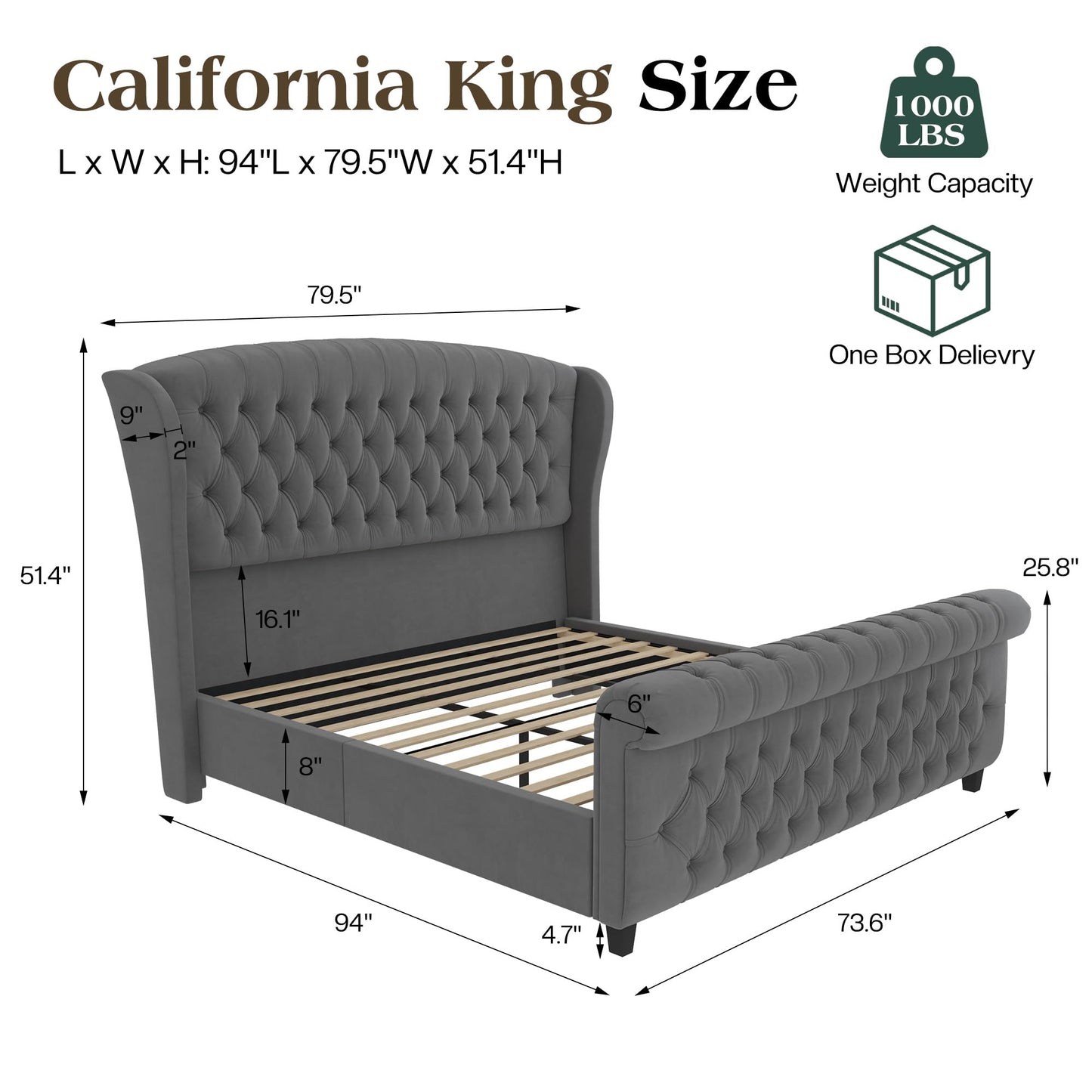 LUXOAK California King Size Platform Bed Frame, Velvet Upholstered Sleigh Bed with Curved Headboard & Footboard, Deep Button Tufted, Wood Slats Support, No Box Spring Needed, Grey