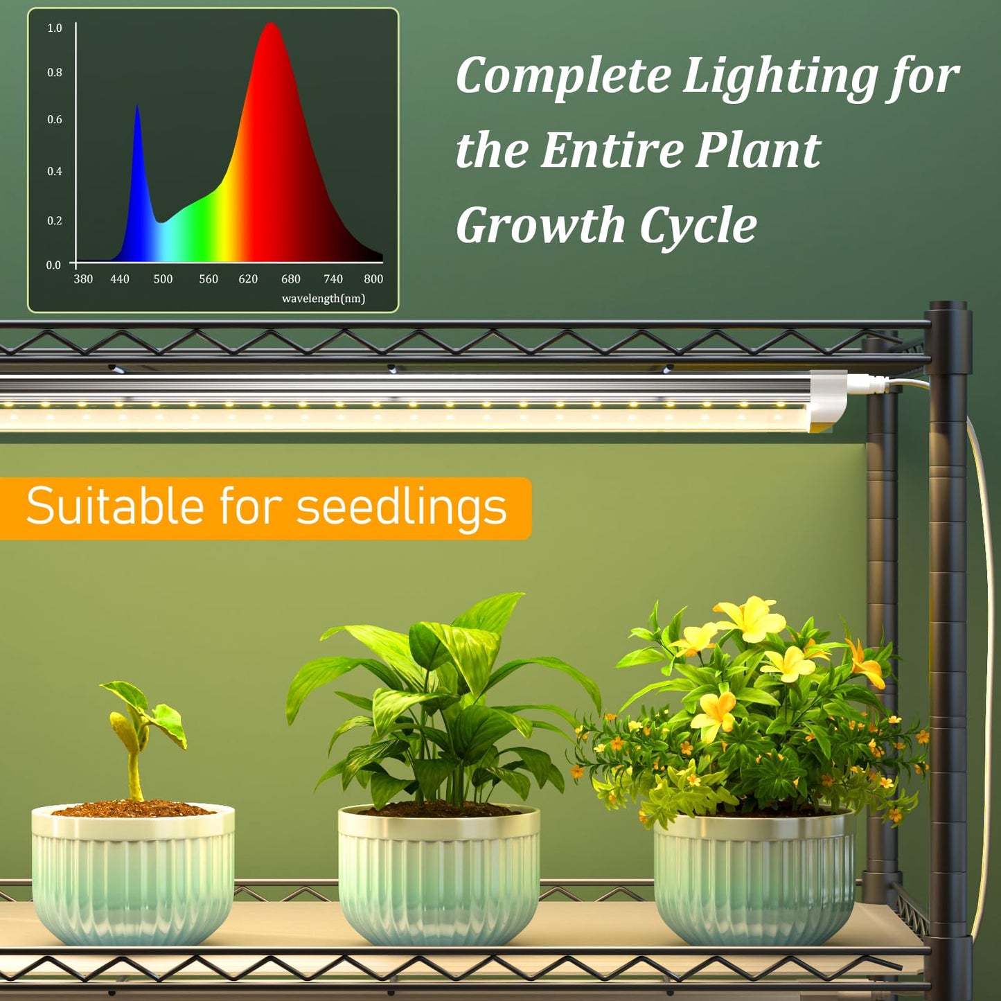 Plant Shelf with Grow Light, DIY 6-Tier Plant Stand with Grow Light, Adjustable Rack and Wheels, 8 Pack 24" 192W T8 Full Spectrum Grow Lamp for Indoor Plants, Seed Starting, Vegetable, 29"x13.5"x73.5"