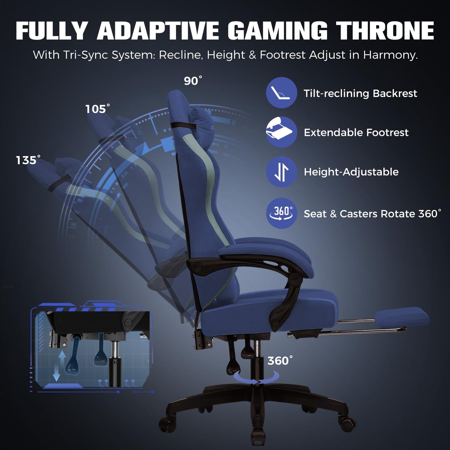 GTPLAYER Gaming Chair, Ergonomic Computer Chair with Footrest and Lumbar Support, High Back Recliner Chair 350lbs, Height Adjustable for Home Office, Deep Blue