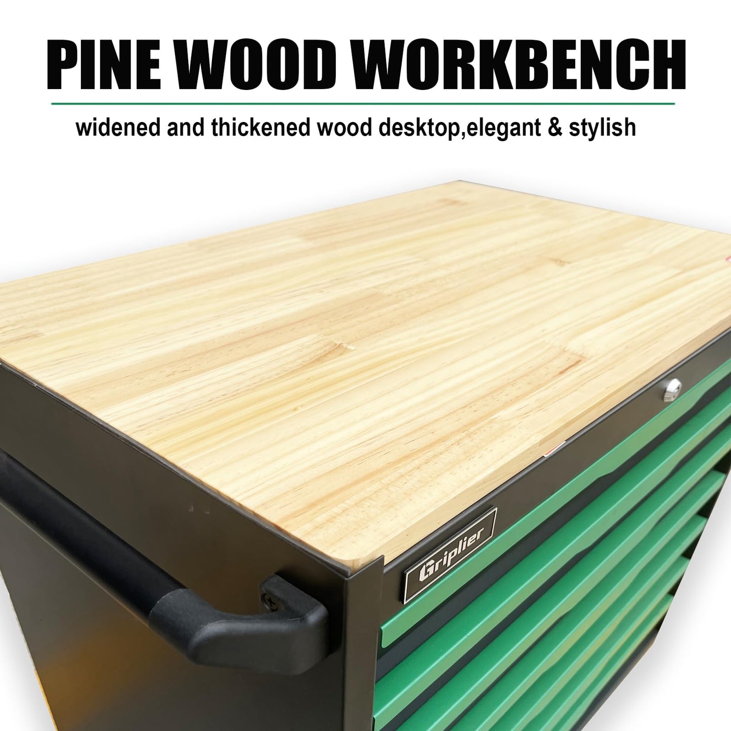 Griplier 7-Drawer Tool Chest with Wood Top, 31.3W x 18.9D x 32.3H inches, Black and Green，Locking Rolling Tool Box with Wheels,Mechanic Tool Cabinets for Garage, Warehouse,Repair Shop(7 Drawers)